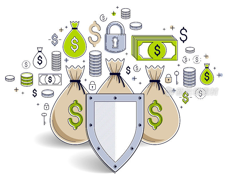 Shield over 3 money bags,  financial security concept, business and finance protection, investments credits and deposit banking idea, vector design.